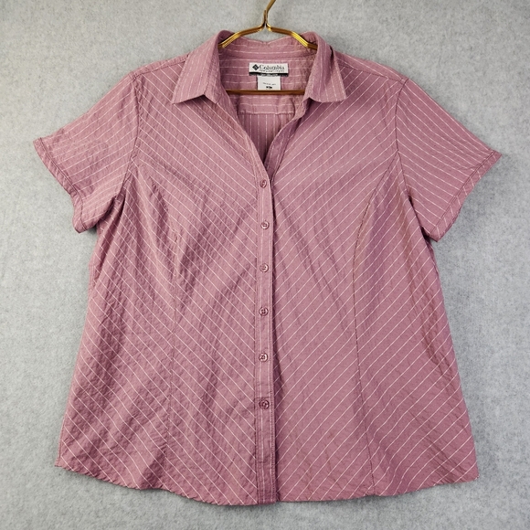 Columbia Womens Size XL Mauve Purple Stripe Short Sleeve Collared Button Shirt - Picture 1 of 10